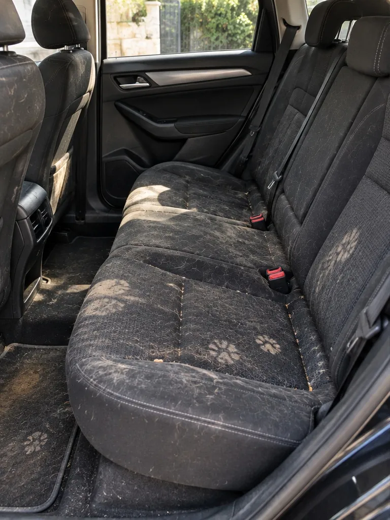 Banquette arrière avant nettoyage : poils de chien et boue