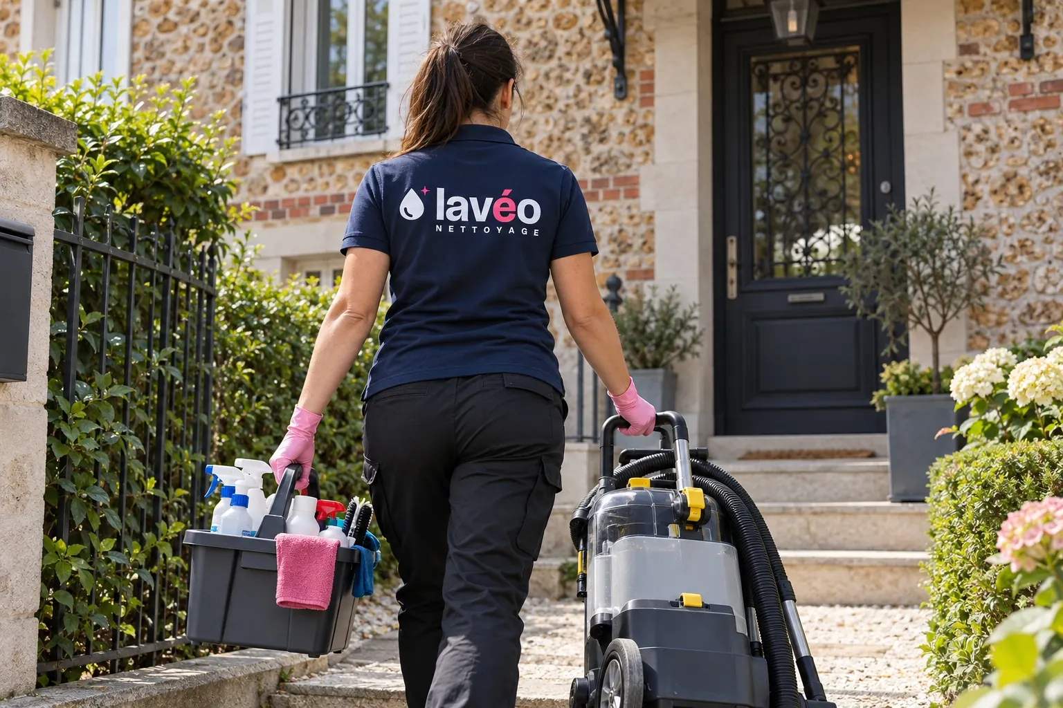 Intervenante Lavéo Nettoyage de dos, logo brodé sur le polo