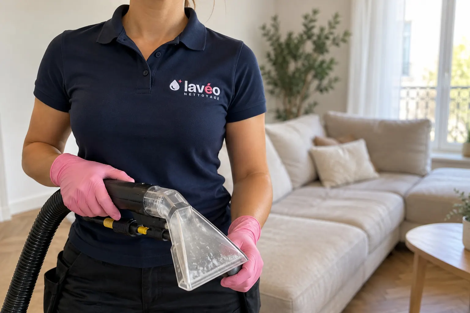 Intervenante Lavéo Nettoyage tenant une buse d'injection-extraction