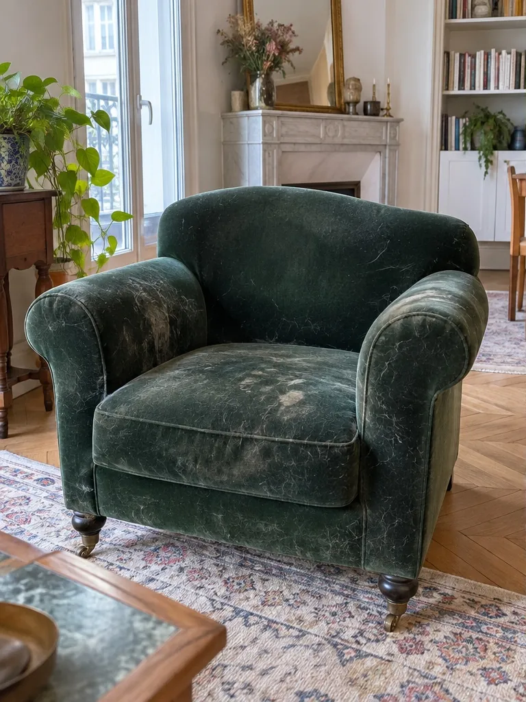 Fauteuil en velours avant nettoyage : poils de chat et velours écrasé