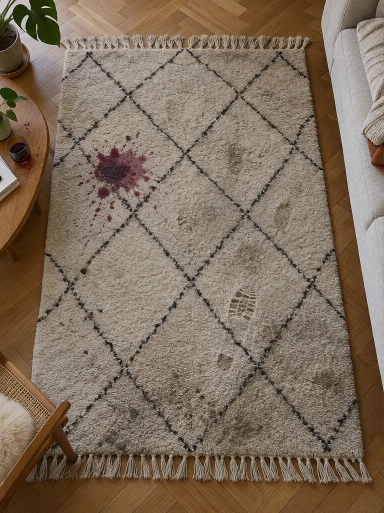 Tapis berbère avant nettoyage : vin rouge et poussière incrustée