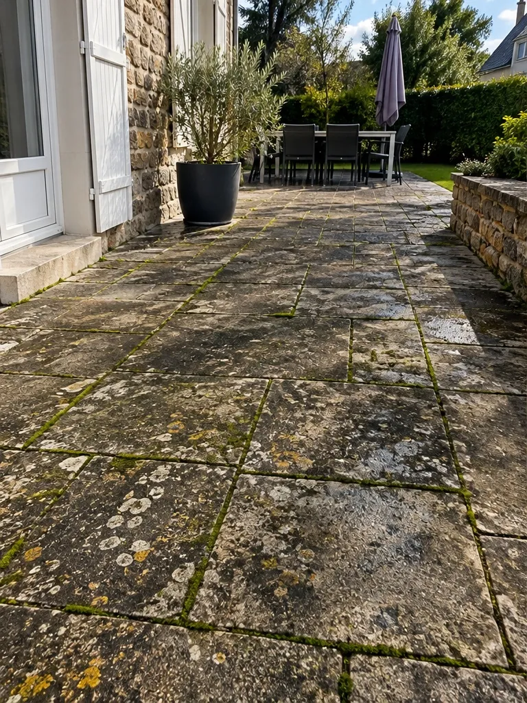 Terrasse en dalles avant nettoyage : mousse et traces noires