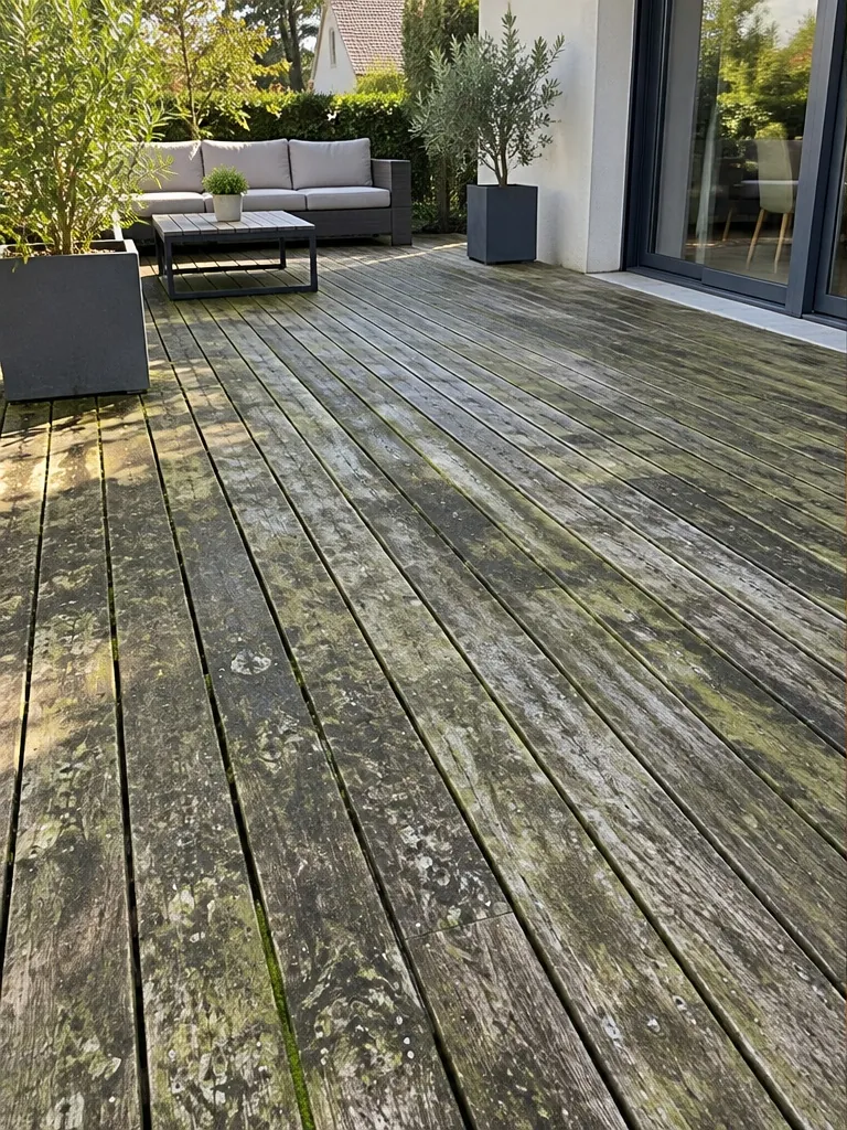 Terrasse en bois avant nettoyage : bois grisé et mousse