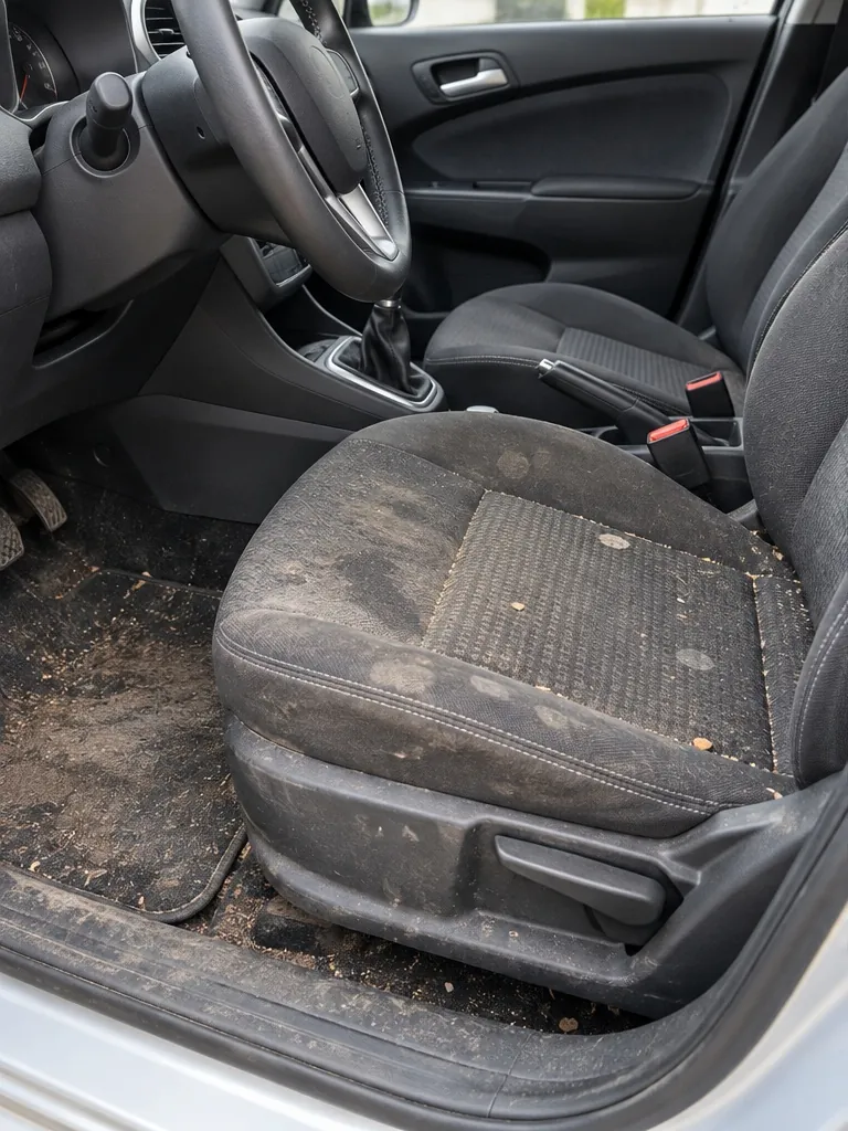 Siège conducteur avant nettoyage : taches de boisson et miettes